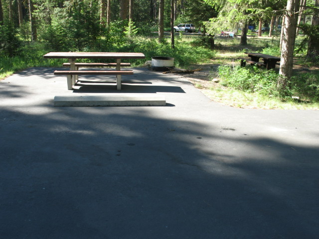 picture showing Charles Waters Campground: One of several accessible campsites with a paved parking pad extending to under a picnic table with a wheelchair seating space, and a BBQ pit with an accessible cooking surface.  There is no space for a tent along the accessible route.